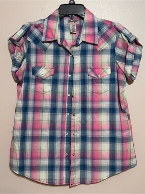 Wrangler Pink, Blue & White Women’s Plaid Short Sleeve Button-Front Shirt